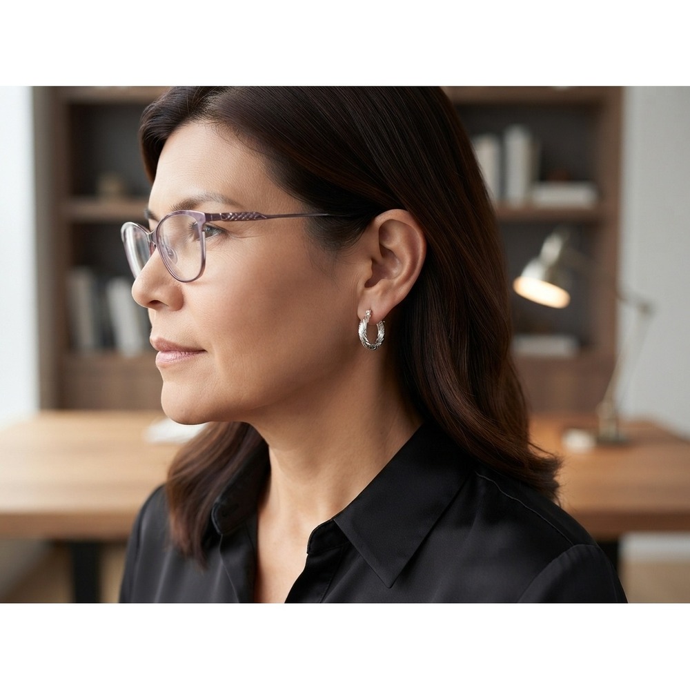 Slanted Cut Hoop Earrings, Textured Sterling Silver Huggie Hoops Jewelry**
